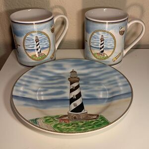 Royal Norfolk Coffee Mug Cape Hatteras Light, NC Lighthouse 2 Mugs and 1 Dish